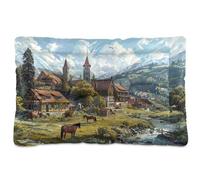 Sevdomey Village with Horses - Coussin pour animal domestique - Lit pour chien et chat - Lavable - Doux et confortable - Avec fond antidérapant - Pour chiens et chats de petite, moyenne et grande