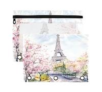 Sevdomey Watercolor Paris Lot de 2 trousses à crayons à 3 anneaux avec fenêtre transparente pour bureau, Aquarelle Paris, 7.08*9.85 inch, POCHETTE CRAYON