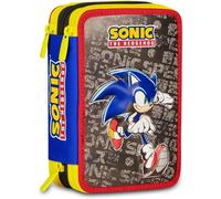 Seven Astuccio School 3 zip Sonic, bleu, triple compartiment, porte-stylo équipé