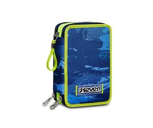 Seven - Astuccio Scuole Elementaire 3 Compartiments - WET COLOR BOY, Bleu - Contient 44 Pieces - Completo de Matites, Pennarelli etc. - Portapenne Ecole Enfants Adolescents - Ecole Moyen