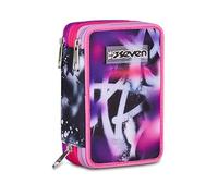 Seven Buzzy Note Girl Trousse d'école 3 Fermetures éclair Rose avec Porte-stylos Triple Compartiment 45 pièces Complet avec stylos, Crayons et Couleurs, Accessoires Sac à Dos, école Primaire