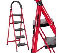 Seven Comfort-Escabeau 5 marches-Pliant-Stabilité et sécurité optimales-chargé 150KG-En Acier-Rouge