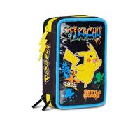 Seven Pokémon Trousse d'école 3 Zip, Noir, Porte-Stylo Triple Compartiment Complet avec Stylets, Crayons, Couleurs, Accessoires, école Primaire, Enfant, Noir, Taglia Unica, Moderne