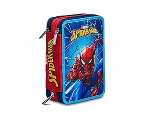 Seven School Pencil Case - Marvel - Spider Man Wall Crawler - 3 Organized Zip, Complete with Pencils, Pens, Markers, Official Product, Blue
