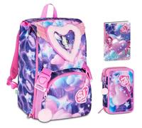 Seven Sj Girl Fluffy Pink Gilr Sac à dos d'école primaire extensible + trousse 3 compartiments + agenda 2026-2027 Motif astronaute du cœur