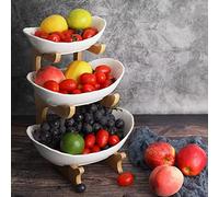 SEVEN SPARTA Support de Corbeille à Fruits en Céramique à 3 étages, Bambou Support à Panier de Fruits Rangement pour les légumes pour plan de travail de cuisine pour Fruits, Légumes, Pain, collations