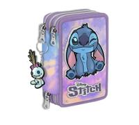 Seven Stitch Trousse scolaire 3 étages zip complet + porte-clés Stitch et double jeu de couleurs + 12 crayons et 12 feutres, multicolore, standard, trousse