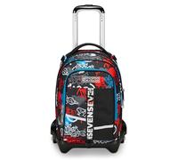SEVEN Trolley école Jack 3 roues, noir rouge, demi-rue, 3 en 1, triple usage, sac à dos avec chariot détachable, poche porte-bouteille et système multisegment, sac à dos scolaire voyage, enfant