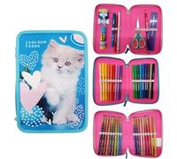 Seven Trousse Colour Code, porte-stylo à 3 fermetures éclair avec ensemble complet de papeterie, motifs animaux, bleu, Moderne