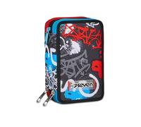 Seven Trousse d'école 3 Zip, Noir Rouge Bleu, Demi-Rue, Porte-Stylo Triple Compartiment Complet avec Stylets, Crayons, Couleurs, Accessoires Sac à Dos, élémentaires, Moyennes, Enfant, Rouge, Taglia