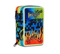 Seven Trousse d'école 3 Zip Scribbled Flame, Bleu, Porte-Stylo Triple Compartiment Complet avec Stylets, Crayons, Couleurs, Accessoires Sac à Dos, école Primaire, Enfant