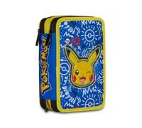 Seven Trousse Pokémon remplie à 3 Compartiments avec Crayons, feutres, Accessoires, Fournitures Scolaires, écoles et Loisirs, pour Filles et garçons, Jaune/Bleu