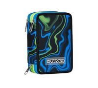 Seven Trousse scolaire 3 compartiments, bleu, multi-shade boy, porte-stylo triple compartiment complet avec stylets, crayons, couleurs, accessoires sac à dos, élémentaires, moyennes, supérieures,