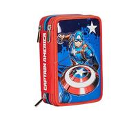 SEVEN Trousse Scolaire 3 Compartiments, Disney - Captain America - LEGENDAY AVANGE, Bleu Rouge, Porte-stylos Multi-Compartiments avec Crayons, stylos et Couleurs, Accessoires Sac à Dos, Sac à Dos