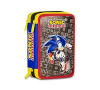Seven Trousse scolaire 3 fermetures éclair Sonic bleu, triple compartiment, trousse à crayons équipée, contenu 44 pièces, papeterie incluse, accessoires sac à dos, école primaire et maternelle, enfant