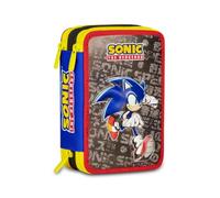 Seven Trousse scolaire 3 fermetures éclair Sonic bleu, triple compartiment, trousse à crayons équipée, contenu 44 pièces, papeterie incluse, accessoires sac à dos, école primaire et maternelle, enfant