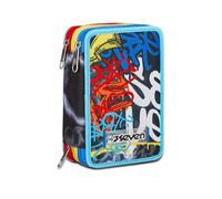 SEVEN Trousse Scolaire 3 Zip, Bleu Rouge Jaune, Mark on Boy, Porte-Stylo Triple Compartiment Complet avec Stylets, Crayons, Couleurs, Accessoires Sac à Dos, élémentaires, Moyennes, Enfant, Rouge,