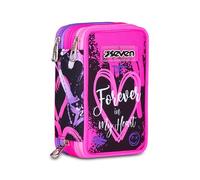 Seven Trousse Scolaire 3 Zip, Rose, Porte-Stylo Triple Compartiment Complet avec Stylets, Crayons, Couleurs, Accessoires Sac à Dos, école Primaire, Fille, Rose, Moderne