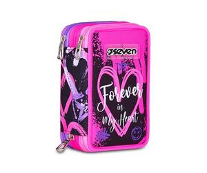 Seven Trousse Scolaire 3 Zip, Rose, Porte-Stylo Triple Compartiment Complet avec Stylets, Crayons, Couleurs, Accessoires Sac à Dos, école Primaire, Fille, Rose, Moderne