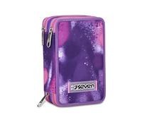 Seven Trousse Scolaire 3 Zip, Rose Violet Fuchsia, Bubble Street, Porte-Stylo Triple Compartiment Complet avec Stylets, Crayons, Couleurs, Accessoires Sac à Dos, élémentaires, Moyennes, Fille,