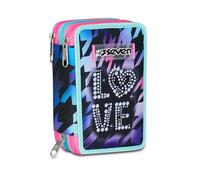 Seven Trousse scolaire 3 Zip, violet fuchsia, porte-stylo triple compartiment complet avec stylets, crayons, couleurs, accessoires sac à dos, école primaire, fille, aubergine, Taglia Unica