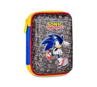 Seven Trousse scolaire Quick Case 3D Sonic Bleu, double compartiment, trousse équipée, contenu 44 pièces, élastiques porte-stylos, poche intérieure, accessoires sac à dos, école primaire et secondaire