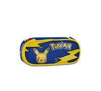 Seven Trousse scolaire ronde plus Pokemon, bleu, grand compartiment intérieur, plan porte-crayons, séparateur avec élastiques, poche zippée, accessoires sac à dos, école primaire et secondaire, enfant