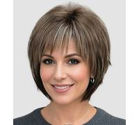 SEVENCOLORS Short Curly Wigs for Women Mix Brown Bob Hair Wigs with Bangs Natural Looking Synthetic Daily Party Wig with Free Wig Cap (1#)