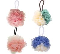 SEVENHEAD Lot de 3 éponges de bain blanches roses vertes violettes et 1 éponge de bain exfoliante pour le corps Loofa 50 g/pièce