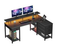 Seventable Bureau d’Angle en L 120 cm avec LED, Ports USB et Prise, tiroirs modulables et Support écran - Bureau Informatique Moderne avec rangements, Noir