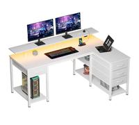 Seventable Bureau d’Angle en L 120 cm avec LED, Ports USB et Prise, tiroirs modulables et Support écran - Bureau Informatique Moderne avec rangements, Blanc