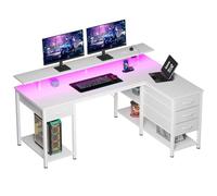 Seventable Bureau d’Angle en L 140 cm avec LED, Ports USB et Prise, tiroirs modulables et Support écran - Bureau Informatique Moderne avec rangements, Blanc