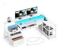 Seventable Bureau en L avec LED, Prises & Ports USB, 5 Tiroirs, Support d’Écran, Réversible, Grand Bureau Gaming ou Poste de Travail à Domicile,Blanc