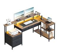Seventable Bureau en L avec LED, Prises & Ports USB, 5 Tiroirs, Support d’Écran, Réversible, Grand Bureau Gaming ou Poste de Travail à Domicile,Chêne Rustique