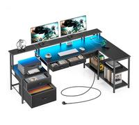 Seventable Bureau en L avec LED, Prises & Ports USB, 5 Tiroirs, Support d’Écran, Réversible, Grand Bureau Gaming ou Poste de Travail à Domicile, Noir