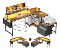 Seventable Bureau en L d'angle avec LED, Grand Bureau Gaming/Réversible avec 2 Prises, 2 Ports USB & 1 Type-C, 2 Tiroirs et Support d'Écran, Poste de Travail à Domicile 135 x 125 cm (Marron)