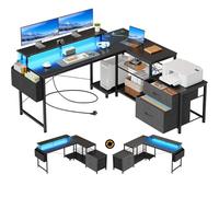 Seventable Bureau en L d'angle avec LED, Grand Bureau Gaming/Réversible avec 2 Prises, 2 Ports USB & 1 Type-C, 2 Tiroirs et Support d'Écran, Poste de Travail à Domicile 135 x 125 cm (Noir)