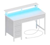 Seventable Bureau Gaming 100 cm avec LED RGB, Prises & Ports USB, Support Écran - Bureau avec Rangement et 5 Tiroirs en Tissu, Bureau Informatique pour Chambre ou Télétravail - Blanc