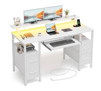 Seventable Bureau Gaming 120 cm avec Intégrée, LED RGB, Bureau avec Rangement et 4 Tiroirs en Tissu, Plateau Clavier Ergonomique et Support Écran, Blanc