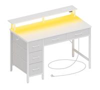 Seventable Bureau Gaming 120 cm avec LED RGB, Prises & Ports USB, Support Écran - Bureau avec Rangement et 5 Tiroirs en Tissu, Bureau Informatique pour Chambre ou Télétravail -Blanc