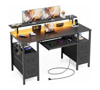Seventable Bureau Gaming 120 cm avec Prises & Ports USB, LED RGB, Bureau avec Rangement et 4 Tiroirs en Tissu, Plateau Clavier Ergonomique et Support Écran Réglable, Noir