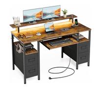 Seventable Bureau Gaming 120 cm avec Prises & Ports USB, LED RGB, Bureau avec Rangement et 4 Tiroirs en Tissu, Plateau Clavier Ergonomique et Support Écran Réglable, Marron