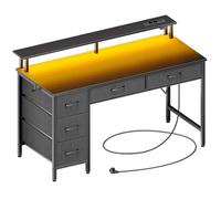 Seventable Bureau Gaming 140 cm avec LED RGB, Prises & Ports USB, Support Écran - Bureau avec Rangement et 5 Tiroirs en Tissu, Bureau Informatique pour Chambre ou Télétravail - Noir