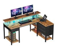 Seventable Bureau Gaming d’Angle en L 120 cm, LED RGB, Prises USB et USB-C, 4 Tiroirs Modulables, Étagères Ouvertes, Bureau Multifonction Réversible - Chêne Vintage