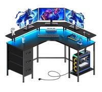 Seventable Bureau Gaming d'angle en L avec Rangement, 119 x 119 cm - Bureau PC Gamer avec 3 Tiroirs, LED RGB, Prises Intégrées (AC/USB/Type-C), Bureau d'Ordinateur Réversible, Noir