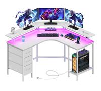 Seventable Bureau Gaming d'angle en L avec Rangement, 119 x 119 cm - Bureau PC Gamer avec 3 Tiroirs, LED RGB, Prises Intégrées (AC/USB/Type-C), Bureau d'Ordinateur Réversible, Blanc