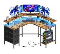 Seventable Bureau Gaming d'angle en L avec Rangement, 119 x 119 cm - Bureau PC Gamer avec 3 Tiroirs, LED RGB, Prises Intégrées (AC/USB/Type-C), Bureau d'Ordinateur Réversible, Marron