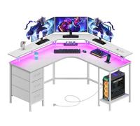 Seventable Bureau Gaming d'angle en L avec Rangement, 135 x 135 cm - Bureau PC Gamer avec 3 Tiroirs, LED RGB, Prises Intégrées (AC/USB/Type-C), Bureau d'Ordinateur Réversible, Blanc