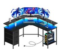 Seventable Bureau Gaming d'angle en L avec Rangement, 135 x 135 cm - Bureau PC Gamer avec 3 Tiroirs, LED RGB, Prises Intégrées (AC/USB/Type-C), Bureau d'Ordinateur Réversible, Noir