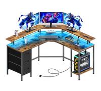 Seventable Bureau Gaming d'angle en L avec Rangement, 135 x 135 cm - Bureau PC Gamer avec 3 Tiroirs, LED RGB, Prises Intégrées (AC/USB/Type-C), Bureau d'Ordinateur Réversible, Marron